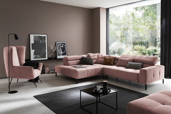 KAWOLA Sofa OHIO Ecksofa Feincord rosa mit motorischem Sitzvorzug Recamiere links 74 x 219 x 311 cm