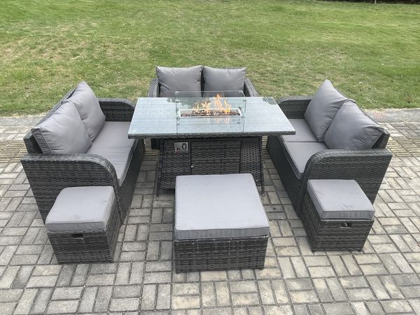 Fimous 9-Sitzer Rattan Möbel Garten Esszimmer Set Gas Feuer Pit Tisch mit Liebe Sofa 3 Fußhocker Dunkelgrau Gemischt