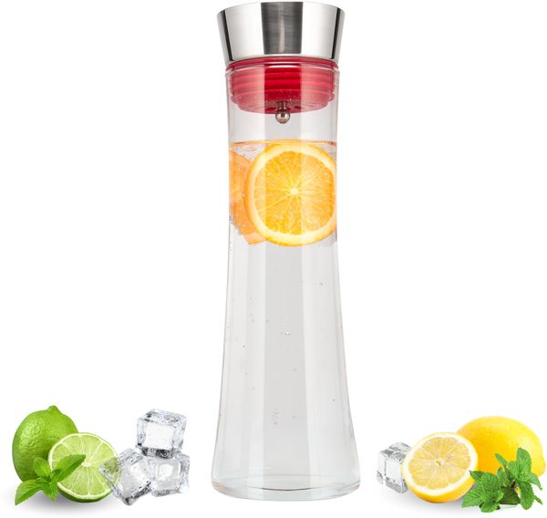 Glaskaraffe CAROLA mit Silikonfuß - zerlegbarer Deckel - 1 Liter, rot