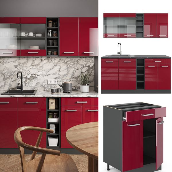 Singleküche R-Line Rot Hochglanz/Anthrazit 160 cm , AP Anthrazit Vicco Bild 2