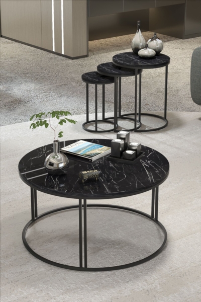 Couchtisch und 3 Satztische Set 44 x 70 cm Spanplatte/metallprofil/pvc Marmor Dekor - schwarz 89321608 [en. casa]