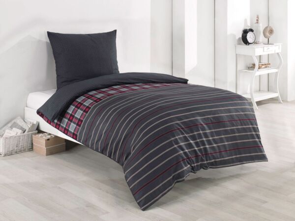 Visaggio Bettwäsche 100% Baumwolle Bettbezug Set in 6 Größen, Renforcé, 2 teilig, moderne Wendebettwäsche, grau bordeaux gestreift mit Reißverschluss