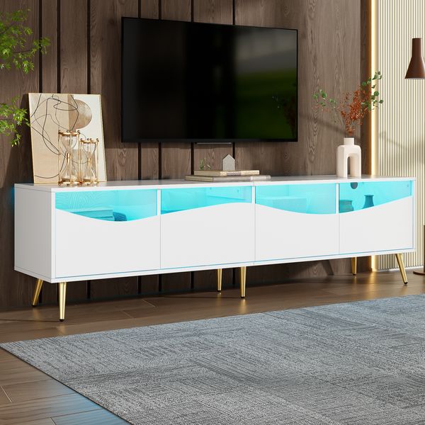 TV-Schrank mit LED, Lowboard 180 cm, Fernsehtisch weiß, Glasfront, Stauraum, Kabeldurchführung, Wohnzimmer