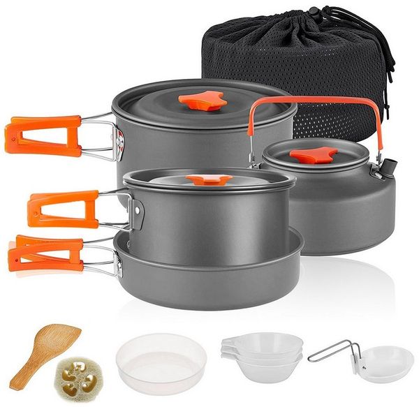 GLIESE Topf-Set Camping-Kochset für Wanderungen, Camping oder Picknicks, Aluminium (13-tlg, Topf, Bratpfanne, Kaffeekanne, Suppenlöffel,Reisöffel), für 4-5 Personen