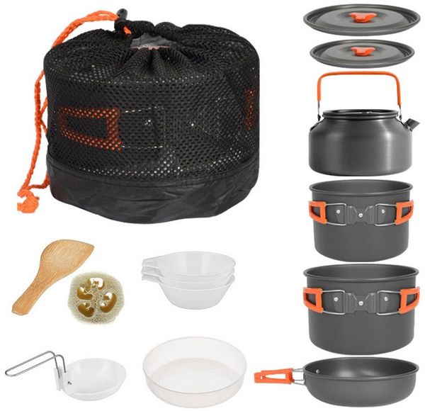 GLIESE Topf-Set Camping-Kochset für Wanderungen, Camping oder Picknicks, Aluminium (13-tlg, Topf, Bratpfanne, Kaffeekanne, Suppenlöffel,Reisöffel), für 4-5 Personen