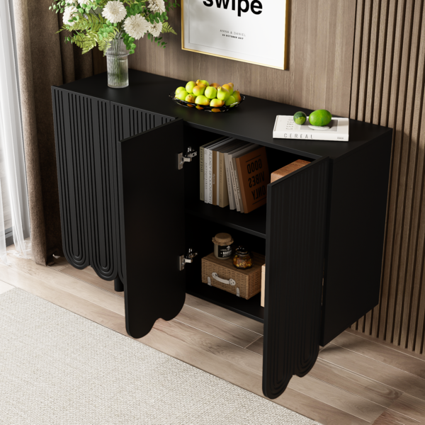 Sideboard aus MDF in Schwarz, 120 x 37,5 x 80,8 cm, 4 Türen mit Tropfen-Schnitzerei