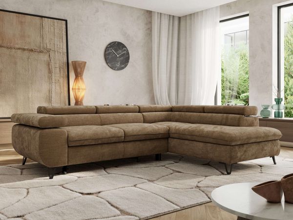 MKS Möbel 'Pablo L-Form' Ecksofa mit Schlaffunktion, verstellbare Kopfstützen, Braun, Schenille glatt, Visco Topper, Rechts