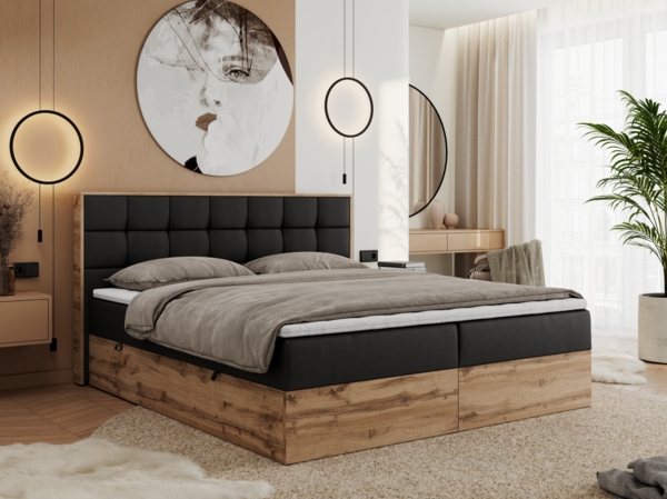 Boxspringbett mit Kopfteil und Topper, Polsterbett - ALBERO 1 - 180 x 200 cm - Schwarz Kunstleder - H3