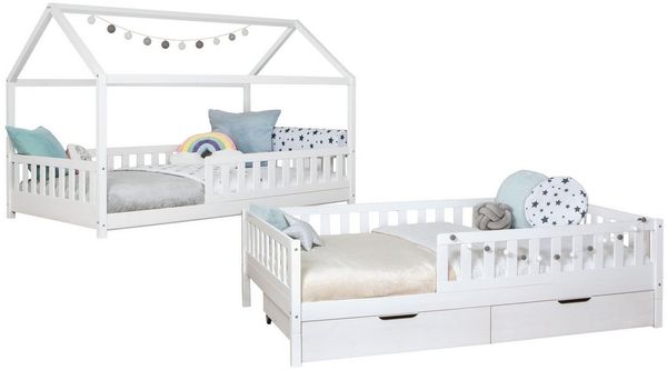 Ticaa Hausbett Duo mit Rausfallschutz und Schubkasten aus Kiefer, Bodenbett 100x200, inkl. abnehmbarem Dach, mit Rollrost, mit Matratze