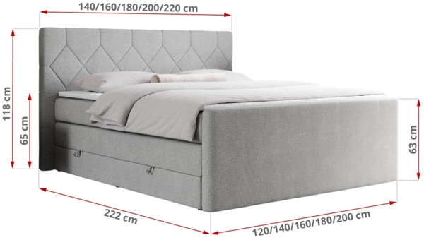 Boxspringbett KING EIGAR, mit einer Doppelmatratze, einem genähten Kopfteil - 120x200 - Hellgrau Stoff - H4 Bild 5