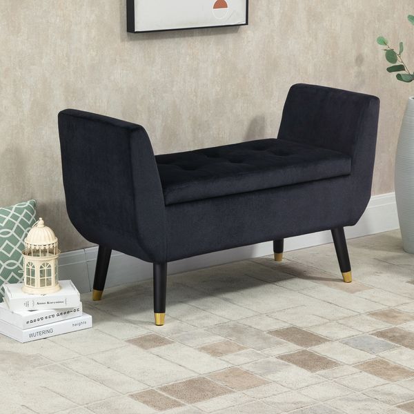 Sitzbank mit Stauraum vintage Samtoptik goldene Beine aufklappbar Wohnzimmer Bank,Schwarz
