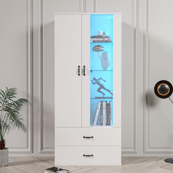 Vitrinenschrank, mit App-LED-Licht, Acryl- & Holztür, 3 Glasböden & 2 Schubladen, 59,5x35x182 cm, Weiß