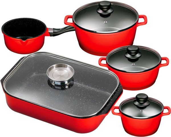 KING Topf-Set, Aluminiumguss (Set, 5-tlg, je 1 Kochtopf 16/20/24 cm, Stielkasserolle 16 cm, Bräter 40 x 26 cm), Induktion, außer Bräter