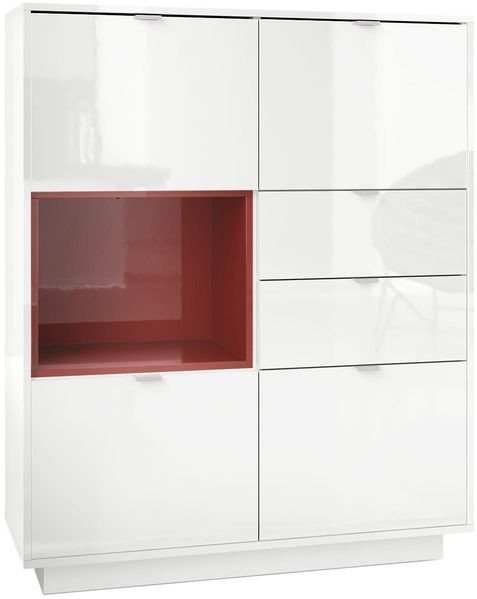 Highboard Sideboard Metro, Korpus in Weiß Hochglanz / Fronten in Weiß Hochglanz mit Einsatz in Bordeaux Hochglanz