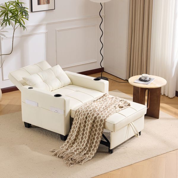 3-in-1 Schlafsofa Sessel Liegestuhl ausziehbar,Verstellbares Klappsofa mit drei Neigungswinkeln, weicher Schaumstoffpolsterung,Weiß