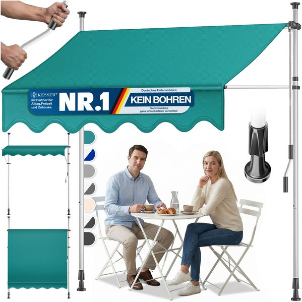 KESSER® Klemmmarkise mit Handkurbel Balkon, Balkonmarkise ohne Bohren, UV-beständig höhenverstellbar wasserabweisend , Sonnenschutz, Terrassenüberdachung , einfache Montage 300cm, Petrol Grün