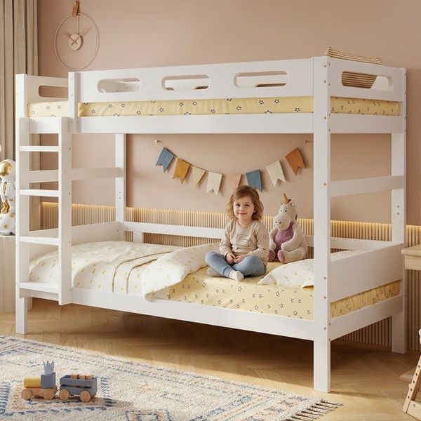 Holzbett, Etagenbett, Kinderbett, schlichtes Design, mit Leiter & Absturzsicherung, stabiler Lattenrost, Kiefer + MDF+Sperrholz, Weiß, 90x200cm