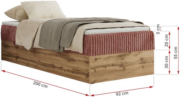 Boxspringbett, Einzelbett WOOD ZERO 90 x 200 cm, Hotelbett ohne Kopfteil, Bett mit Stauraum, 7-Zonen Multipocket-Matratze - Rosa Cordstoff - H4 - Topper Visco Bild 6