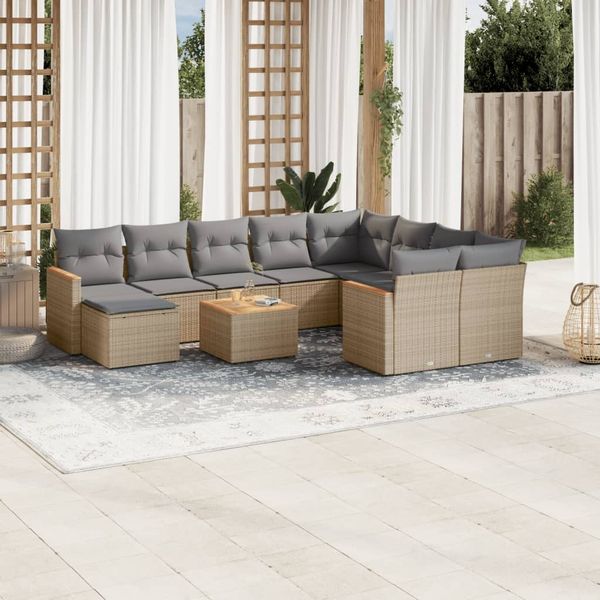 vidaXL 11-tlg. Garten-Sofagarnitur mit Kissen Beige Poly Rattan 3258965