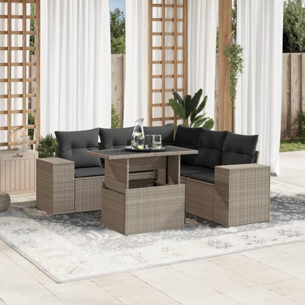 vidaXL 6-tlg. Garten-Sofagarnitur mit Kissen Hellgrau Poly Rattan 3269162