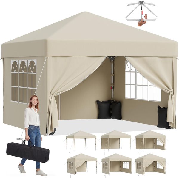 JUMMICO wasserdichter Pop up Faltpavillon mit Seitenwänden und UV 50+, Beige, 3x3 m