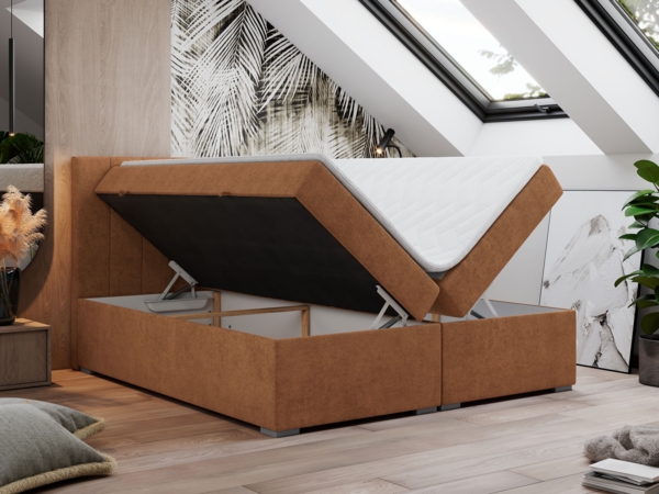 Boxspringbett, Matratze und Topper, zwei Bettkästen - LOPE - 140x200cm - Orange Stoff - H3 Bild 2