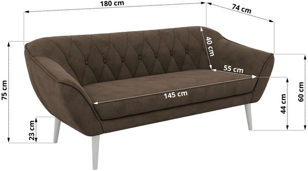 Sofa, Wohnzimmersofa PIRS 3, Skandinavisches Sofa 3-Sitzer, Sofa mit Wellenfederung, weiße Füße, Breite 180 cm Hoher Sitzkomfort - Braun Velvet Bild 5