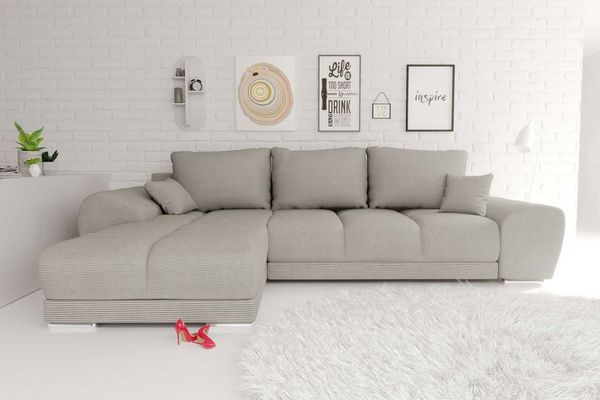 99rooms Antalya Ecksofa Cordstoff POSO Greige Links mit Schlaffunktion