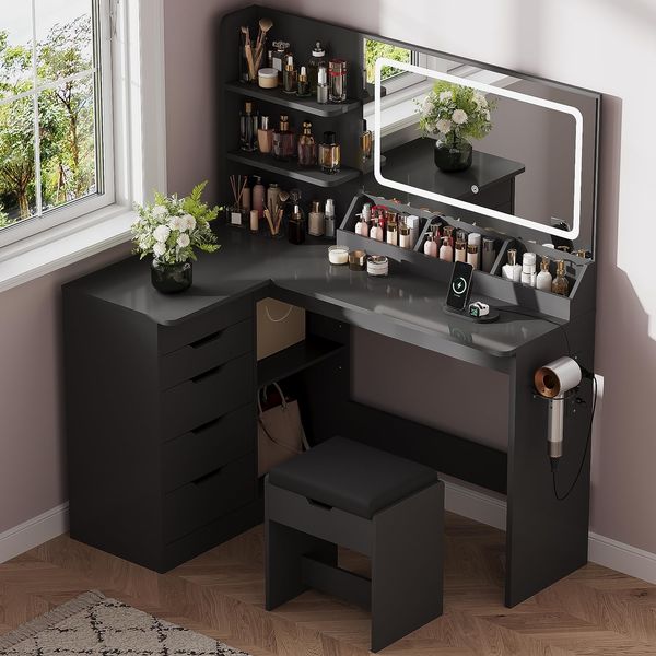 JUMMICO L-Schminktisch mit Hocker, Spiegel, LED Beleuchtung & Steckdosen, Schwarz