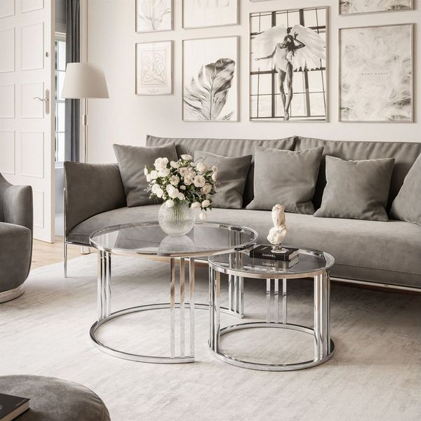 Lookway Couchtisch LORI 2in1 GLASS runder Couchtisch mit silber chrom Gestell (2er Set), Durchmesser: ⌀70 cm und ⌀50 cm