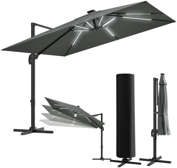 STEELSØN 'Lyrion' Sonnenschirm LED Solar 300x300 cm quadratisch, neigbar und 360-Grad drehbar, anthrazit, Ampelschirm inkl. Abdeckung, UV50+