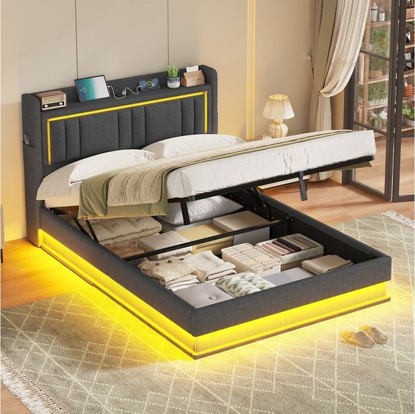 KIMENICH Polsterbett Hydraulisches Bett, Jugendbett mit LED Beleuchtung und Ladestation (1-tlg, Ohne Matratze), Schwebender visueller Effekt, 140x190 cm