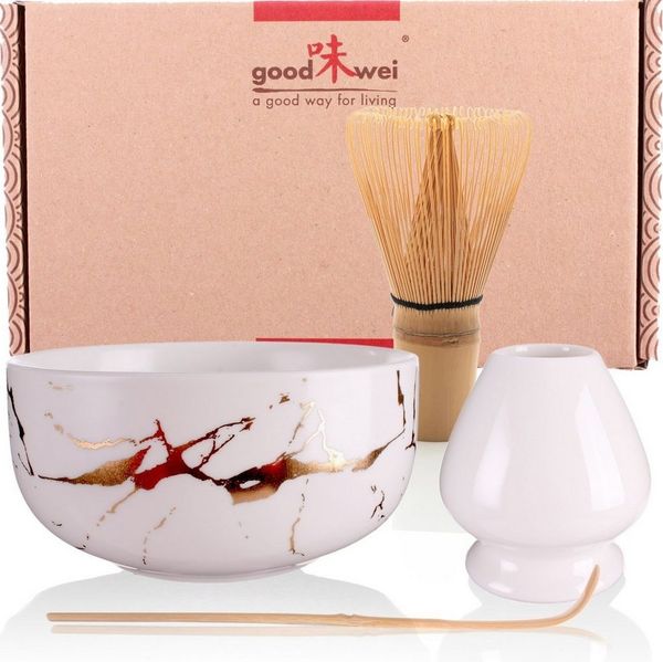Goodwei Teeservice Matcha-Set "White Marmor" 80 mit Chasentate (4-tlg), 1 Personen, Keramik, handgearbeitet