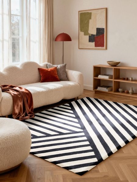 ELLE DECORATION Wollteppich Noir, rechteckig, Höhe: 12 mm, Wolle, Natur, Wohnzimmer, schwarz weiss, Modern, Geometrisch, Streifen
