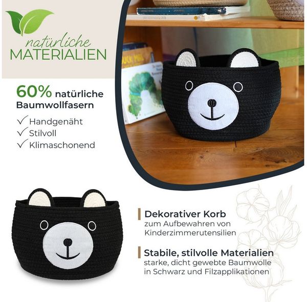 HMF Aufbewahrungskorb Aufbewahrungskorb mit versteckten Griffen, Korb für Kinderzimmer aus Baumwolle, Bär, Schwarz