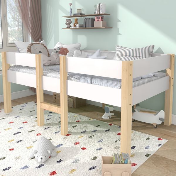 Halbhochbett 90×200 cm mit Rausfallschutz und Leiter, Weiß, ohne Matratze