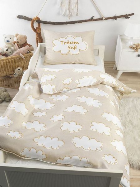 Optidream Babybettwäsche Set Renforcé 100x135 Design Wölkchen natur, Renforcé, 2 teilig, Sommer Geschenke Idee Frauen Männer weich sale Reißverschluss Partner