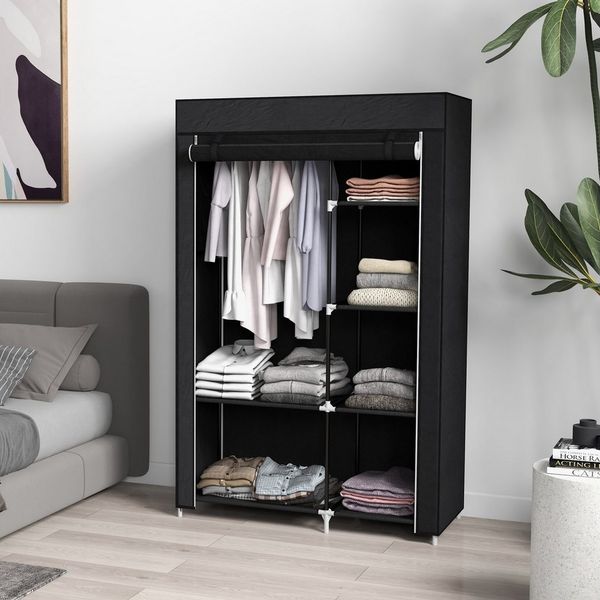 REDOM Stoffschrank Schwarzer mit 6 Fächern, zusammenklappbar, 103 x 43 x 162,5 cm (Packung, 1-St, Leichte Vliesoptik, als Kleiderschrank & Garderobe für kleine Räume) für Studentenwohnheim, Gästezimmer & Wohnmobil – schnell aufgebaut