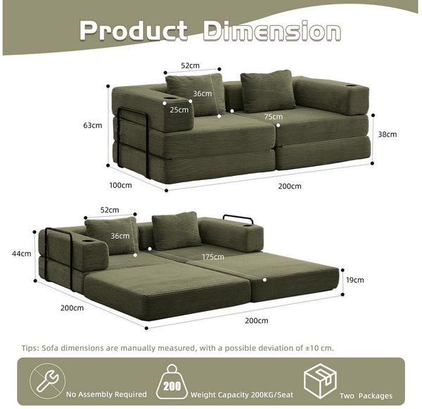 Leawin Sofa Sofas Wohnzimmer, Schlafsofa aus Chenille mit Bettfunktion, Flexibles 2-Sitzer Sofa für Wohnzimmer und Gästezimmer