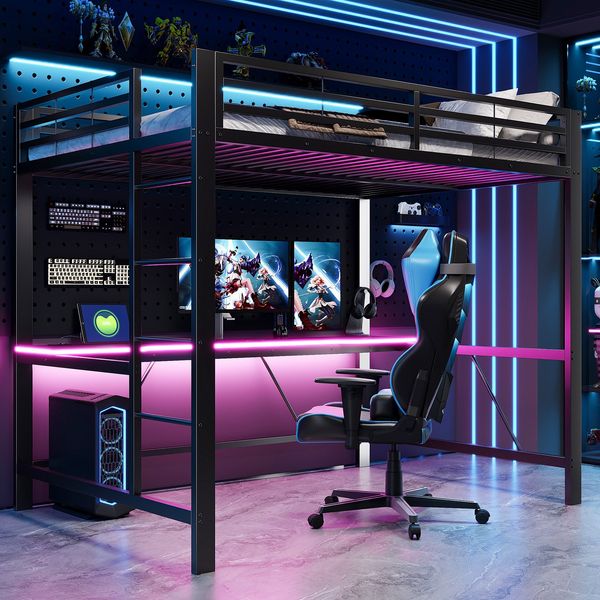 Hochbett mit RGB LED-Streifen, Schreibtisch, Trittleiter, Lattenrost, Steckdose, USB und Type-C, 140x200 cm, Kinderbett mit Rausfallschutz, Metallbett
