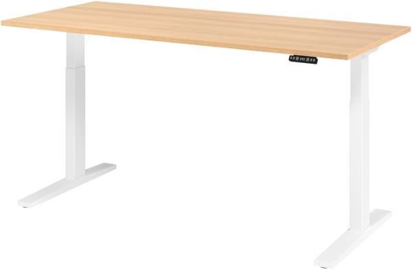 bümö elektrisch höhenverstellbarer Schreibtisch 180x80 cm in Eiche, Gestell weiß - Sitz & Stehschreibtisch mit Memoryfunktion, elektrischer Stehtisch & Gaming Tisch, XMKA-Serie, XMKA19-E-W