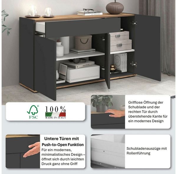 OTTO home Sideboard Garda, Kommode, Schrank, 3 Türen, 1 Schublade, Made in Italy, 3 Türen, 1 Schublade, grifflos Breite 120,1 cm, anthrazit/eiche matt Bild 3