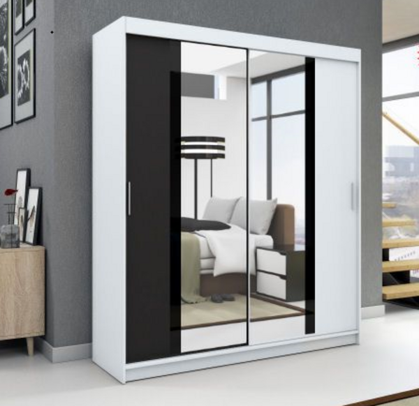 Schwebetürenschrank BRANI 2-türig Schrank 160 cm (mit Spiegel) Farbe: Weiß ,schwarz