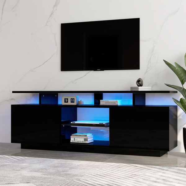TV-Schrank B 140 x T 35 x H 55 cm mit LED-Beleuchtung, Hochglanz-Türen und 5 offenen Fächern
