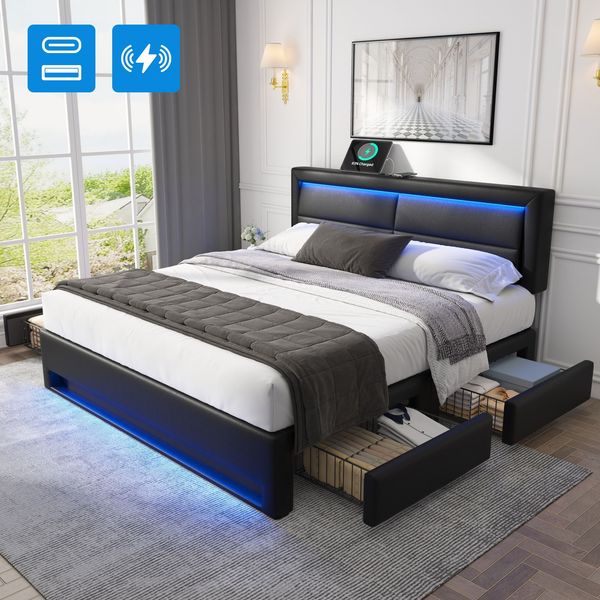 Merax Polsterbett, Doppelbett 140 x 190 cm mit USB-Anschluss (unterstützt kabelloses und kabelgebundenes Laden), LED-Beleuchtung und vier Schubladen, Matratze nicht enthalten, PU, Schwarz