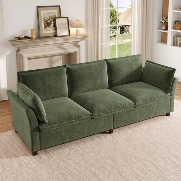 Merax XXXL 3‑Sitzer Sofa mit Chenille‑Stoff, Wolkenweicher Komfort, Metallrahmen, weiche Polster, mit 2 Armlehnenkissen, Grün