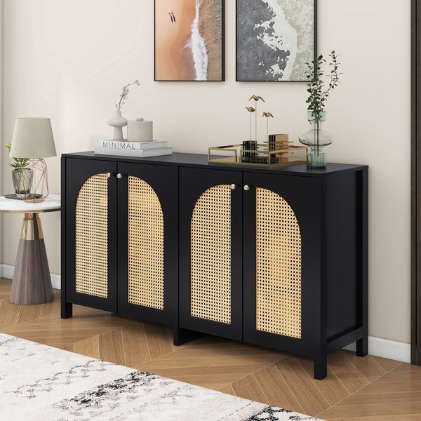 Sideboard mit 4 Türen aus Kunst-Rattan, schwarz, mit Metallgriffen und verstellbarem Einlegeboden,40 x 145 x 80 cm