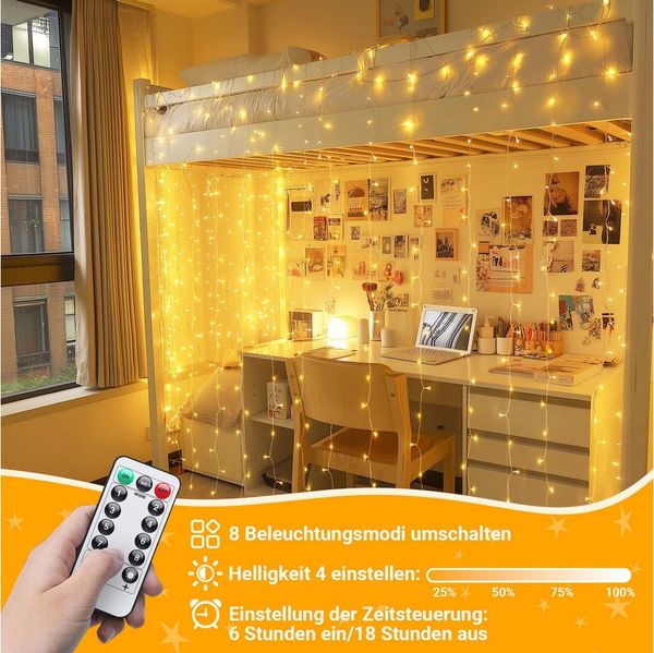 Jibenhome Lichtervorhang LED Vorhang Lichterketten,Vorhanglichter 8 Modi mit Fernbedienung, USB/Timer,3x2M/3x3M,für Hochzeit,Weihnachten Deko
