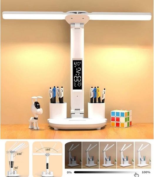 ibettertec LED Schreibtischlampe LED Doppelkopf Dimmbare Tischleuchte mit Stifthalter 360° Schwenkbare, LED fest integriert, LED fest integriert, Warmweiß (3000K), Naturweiß (4500K), Kaltweiß (6000K), Touch-Steuerung, tragbar, faltbar,Augenschutz, Nach...