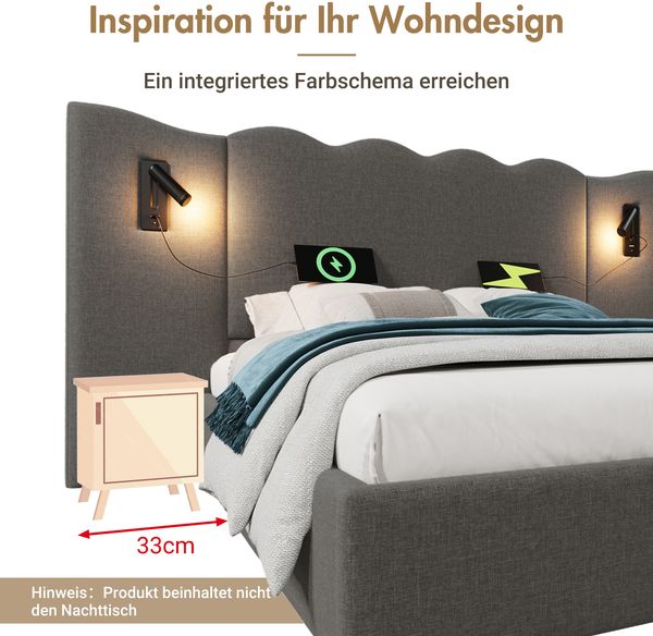 Polsterbett 160x200 cm Leinenstoff Wellenkopfteil mit Stauraum, USB/Type-C Ladefunktion & drehbarer Leselampe,Grau,mit Matratze Bild 7